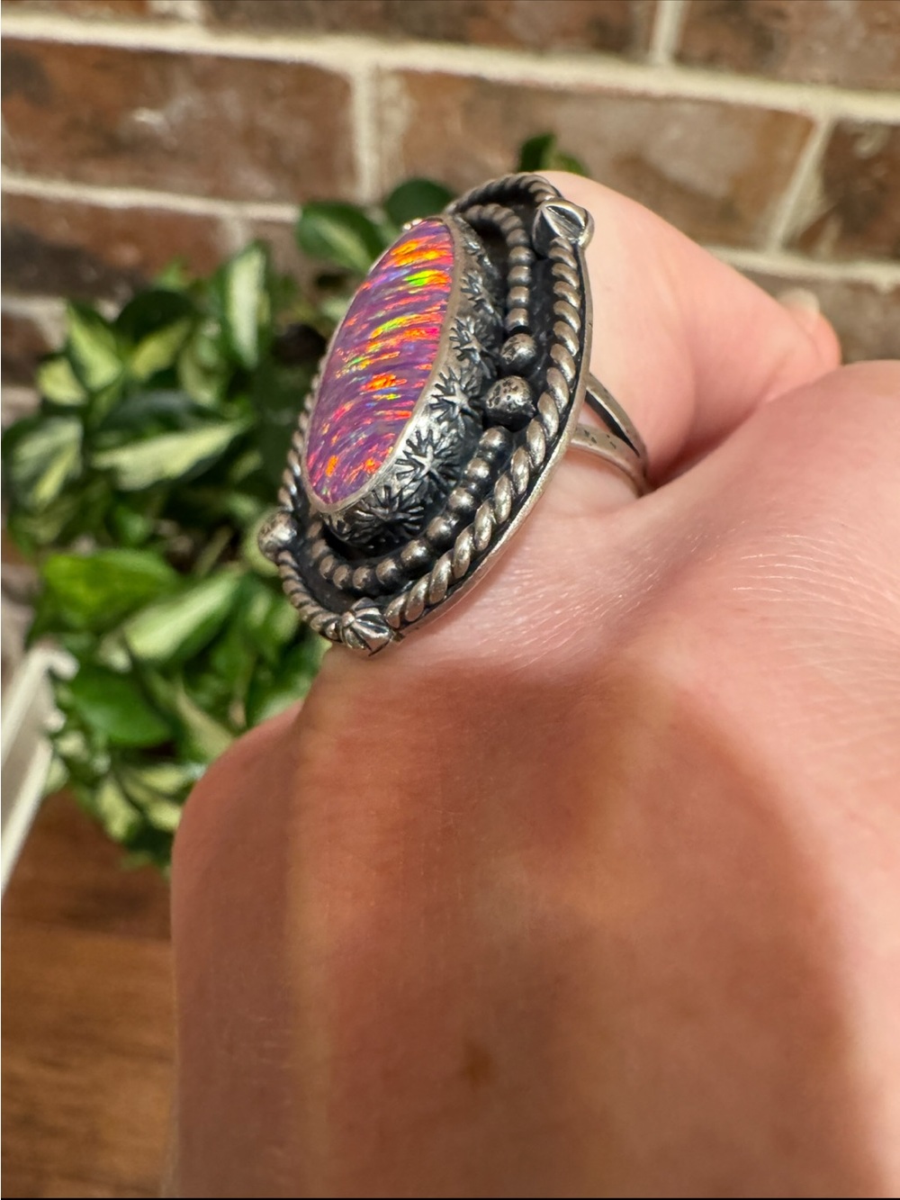 Blue and Blue Artisan Sterling Silver Pink Aura Opal Cosmos Star Statement Ring - Picture 4 of 16